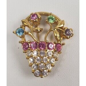 Vintage 1970's Monet Rhinestone Flower Basket Gold Tone Brooch